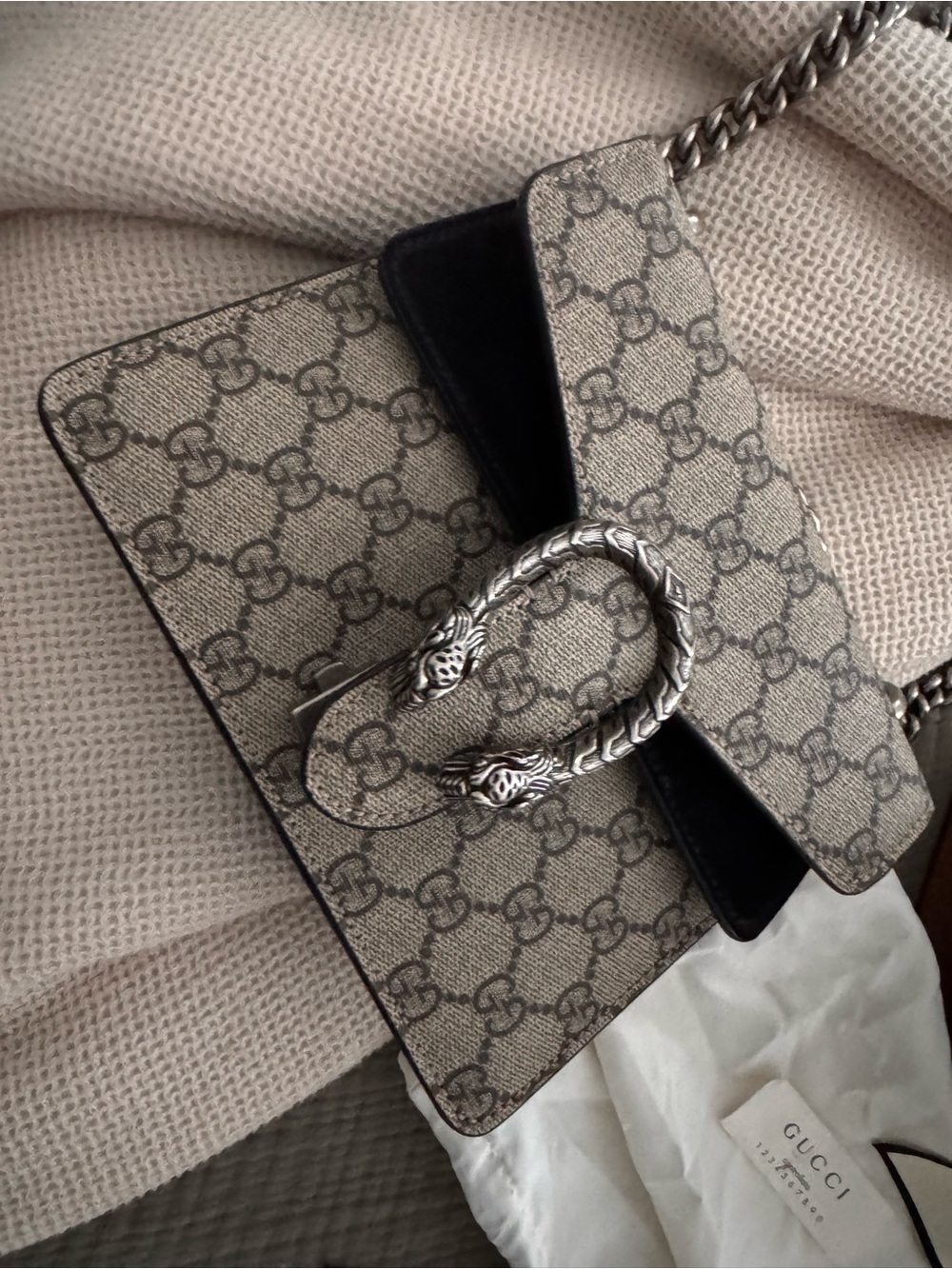 Gucci Beige GG Supreme Dionysus Shoulder Bag with Silver-Tone Hardware dustbag